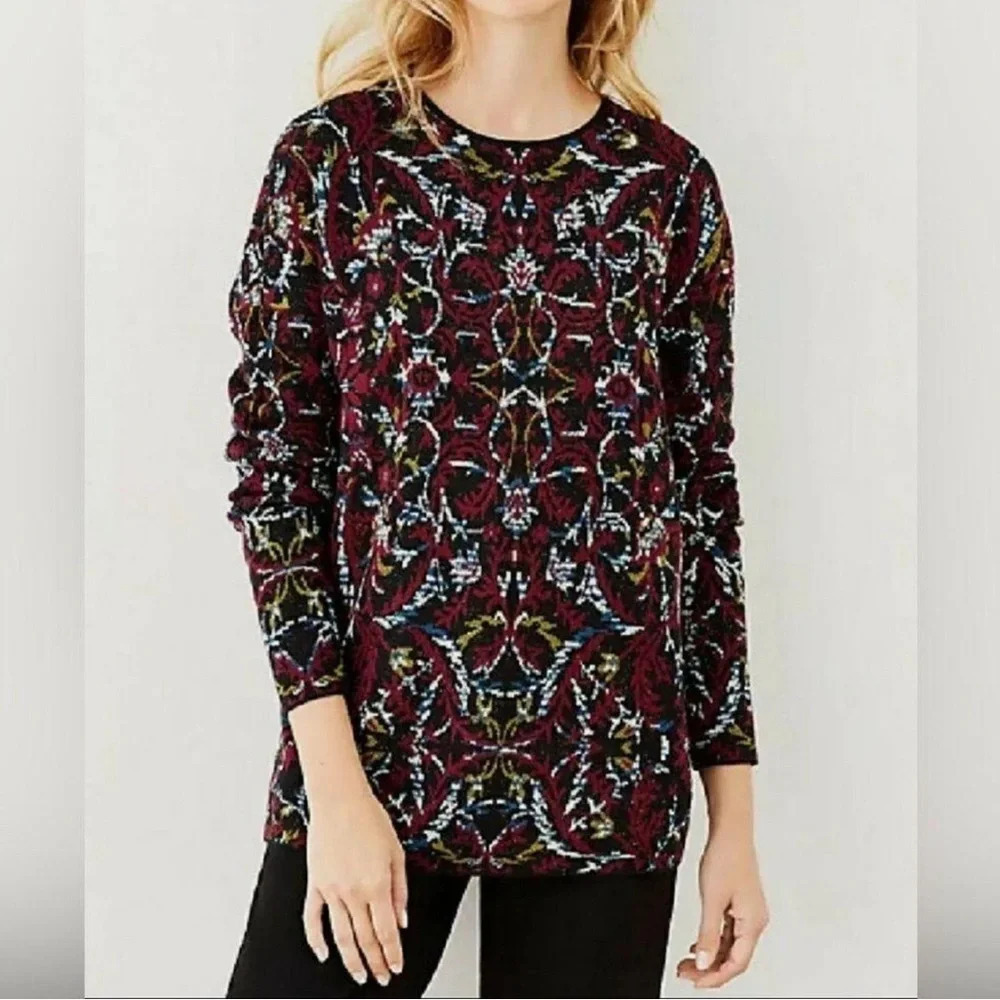 J. Jill Jacquard Tapestry Relaxed Sweater Size S Burgundy Colorful Artsy Work